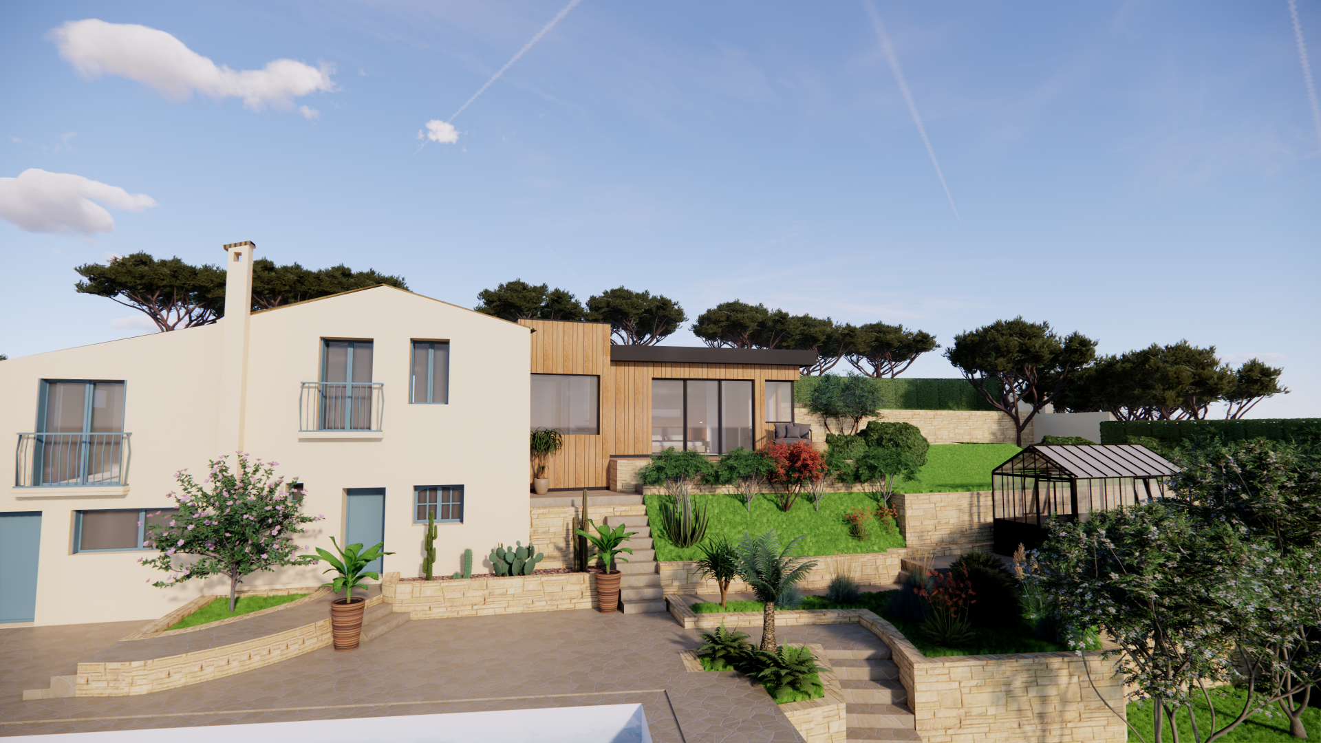 visuel 3 D d'une villa au jardin arboré ayant obtenu un permis de construire pour une extension