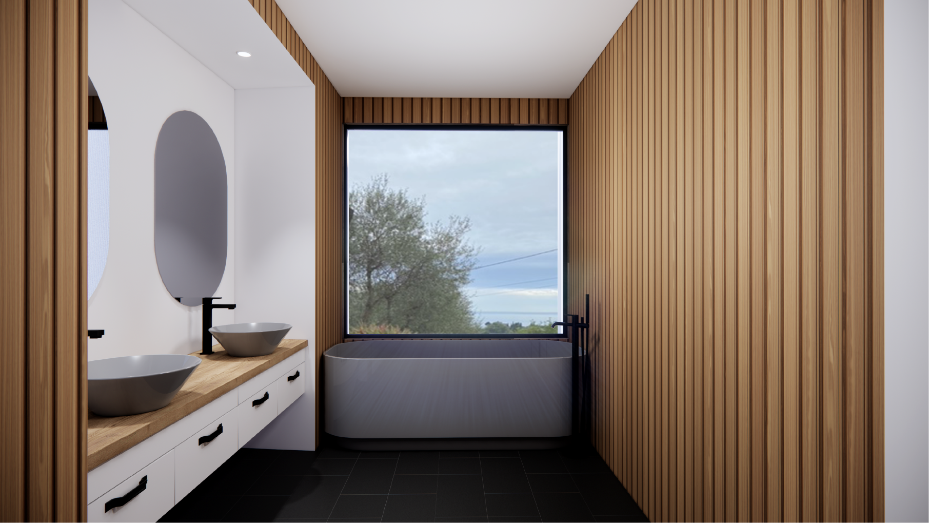 Salle de bain moderne de l'extension d'une villa. Double vasque avec miroirs, baignoire blanche moderne et fenêtre avec vue sur la nature