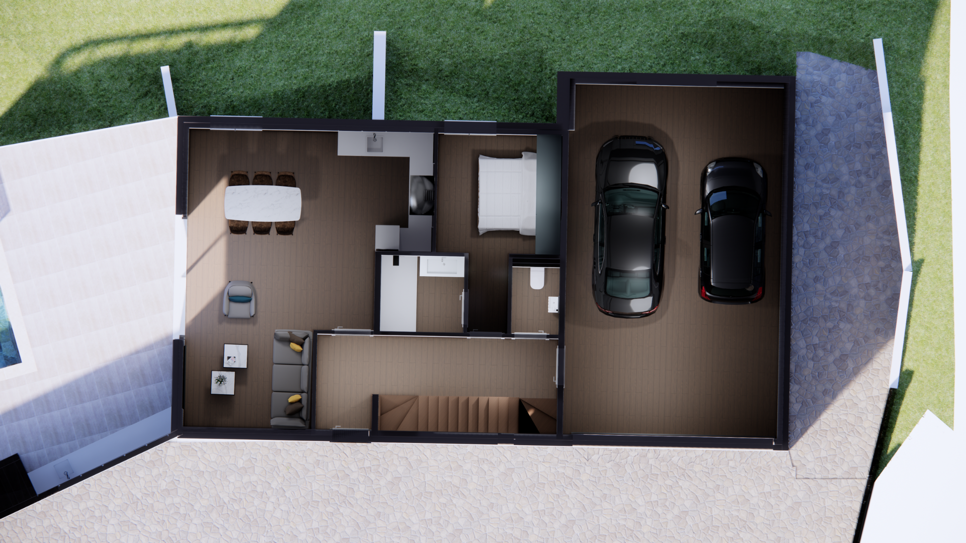 plan du rez-de-chaussée villa Nice Visuel 3 D d'une chambre moderne dans le cadre d'une extension de villa