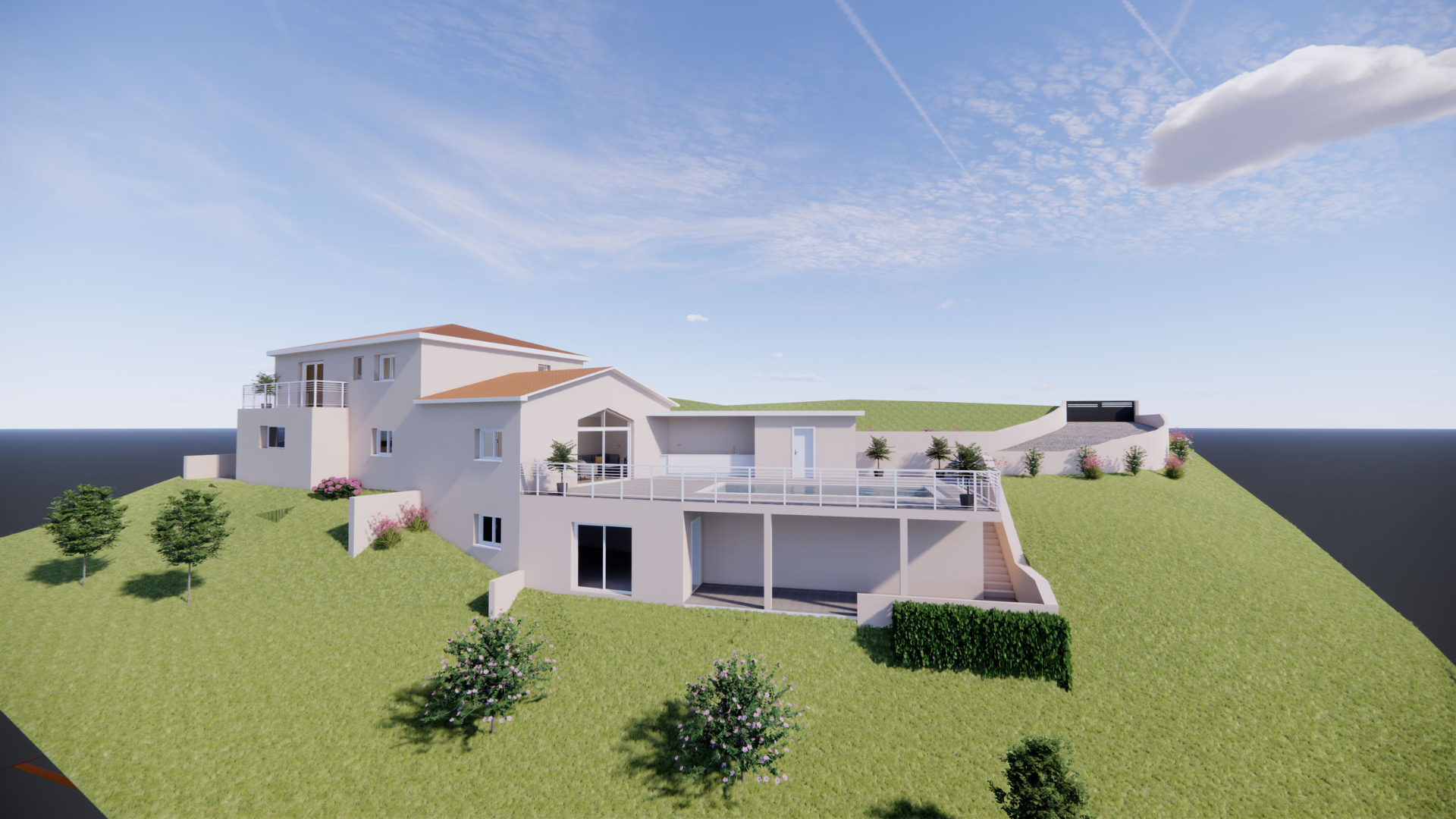 projet 3 D de construction de villa visuel 3 D d'une villa au jardin arboré ayant obtenu un permis de construire pour une extension