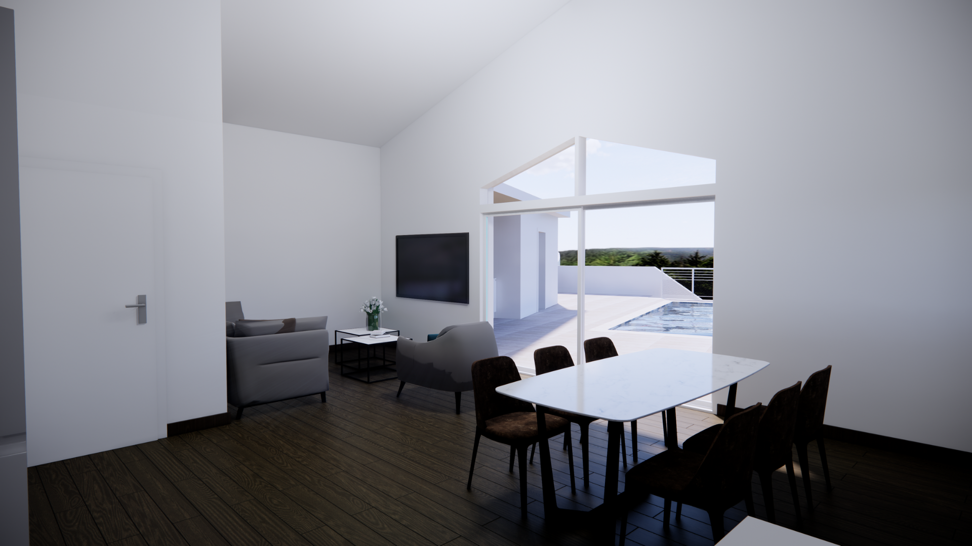 projet de salon de villa neuve visuel 3 D d'une villa au jardin arboré ayant obtenu un permis de construire pour une extension
